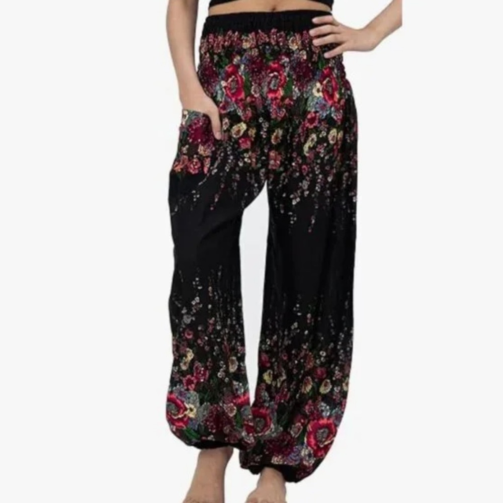 Bangkok Pants Black Floral Boho Harem
Pants Festival Yoga Hippie Chic Small‎